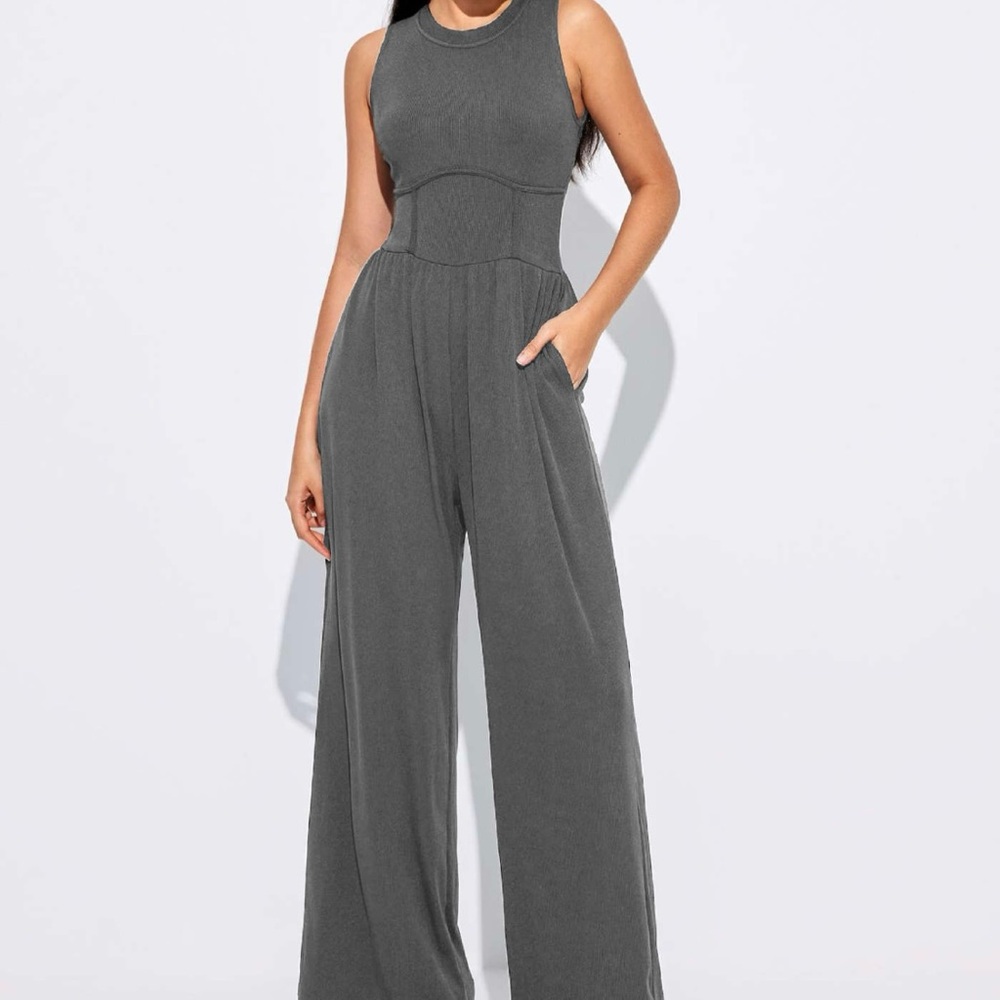 Gray Solid Sleeveless Wide Leg Jumpsuit